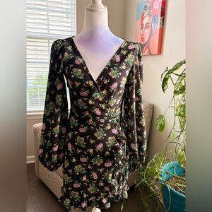 Black Floral Wrap Dress with Purple & Green Bouquet Print